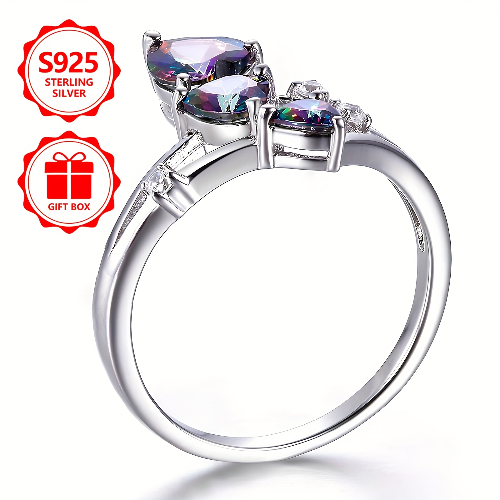 S925 Silver Love Rainbow Zirconia Ring Hypoallergenic Women's Jewelry
